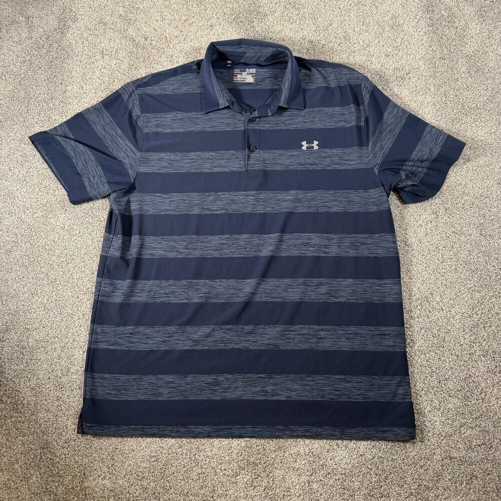 Under Armour Polo Shirt Mens XL Blue Striped HeatGear Loose Fit Golf Athletic